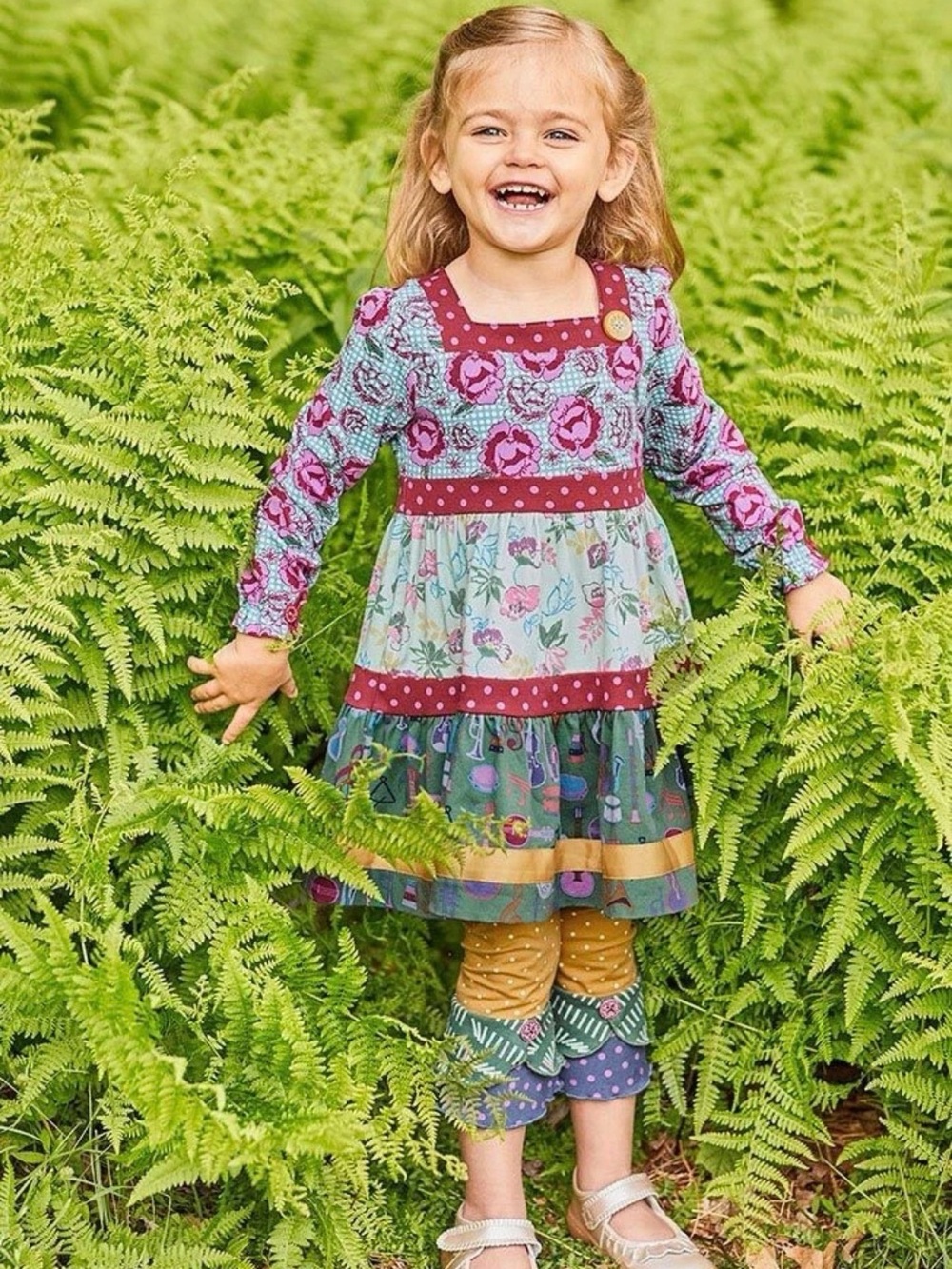 Matilda Jane Pink Floral & Music Print Tiered Long Sleeve Dress